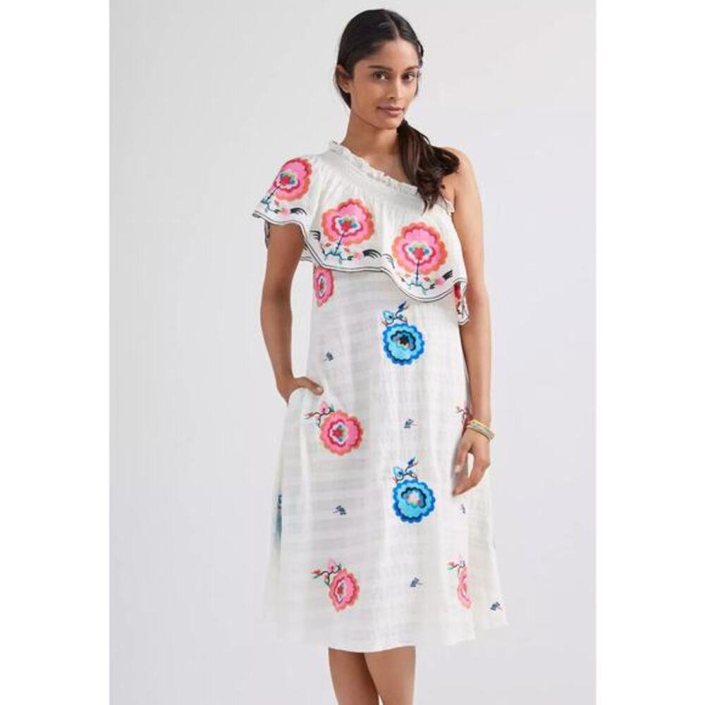 Anthropologie S Plenty by Tracy Reese Cream Embroidered One Shoulder Midi Dress
